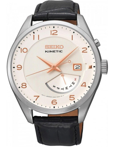 Reloj de hombre Seiko Kinetic SRN049P1, con dial blanco, cristal mineral y correa de piel negra. ‎WR100