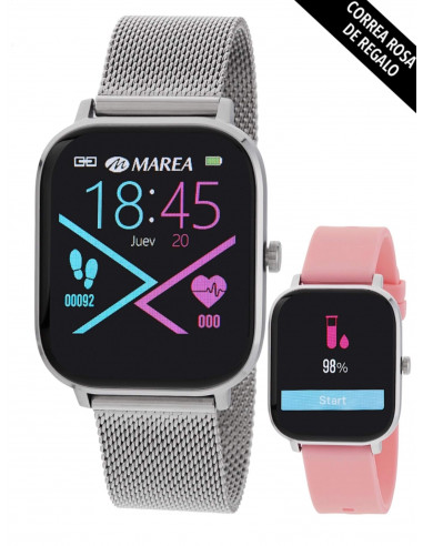 Reloj Marea Smart B58006/7, caja plateada cuadrada de 1,3 pulgadas, correa de malla plateada y otra de silicona rosa de regalo