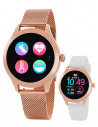 Reloj Marea Smart B59005/5 redondo, caja rosa con dos correas, una blanca de silicona y otra rosada metálica.