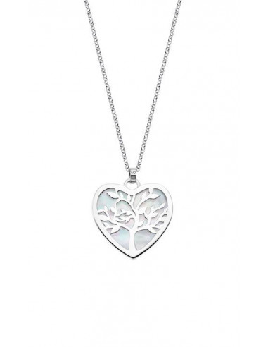 Collar de plata Lotus del árbol de la vida en forma de corazón con fondo de nácar.