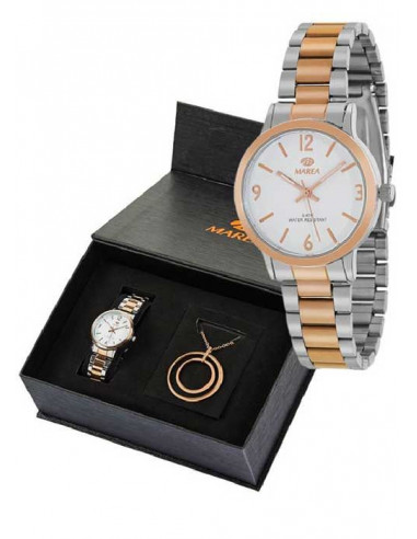 Pack formado por un reloj Marea B41213/12 de mujer bicolor plateado/rosado y un precioso collar color oro rosa con dos círculos.