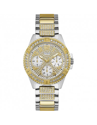 Reloj de mujer Guess Frontier W1156L5, de cuarzo, función calendario, en acero bicolor plateado y dorado con pedrería. WR50