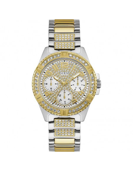 Reloj de mujer Guess Frontier W1156L5, de cuarzo, función calendario, en acero bicolor plateado y dorado con pedrería. WR50