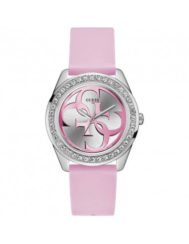 Reloj para mujer Guess W1240L1 plateado de la colección G Twist en acero con circonitas y correa de silicona rosa