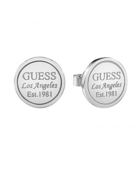 Pendientes Guess American Dream UBE28034 botón en acero rodiado, con logo de Guess y inscripción "Los Angeles est. 1981".