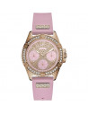 Reloj de mujer Guess Frontier en color oro rosa, con cristales Swarovski® en bisel y correa de silicona rosa. WR30.