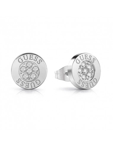 Pendientes de botón Guess UBE78022 Love Knot en color plateado con inscripción Guess y cristales Swarovski®.