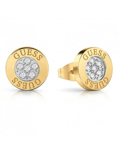 Pendientes de botón Guess UBE78023 Love Knot en dorado con inscripción Guess y cristales Swarovski®.