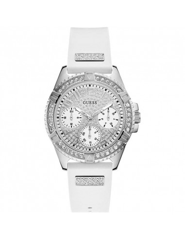 Reloj Guess W1160L4  Frontier de cuarzo, en acero plateado, 40mm con correa de silicona blanca y cristales Swarovski®.