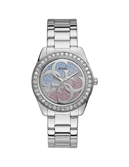 Reloj Guess G Twist para mujer en acero plateado con esfera pavé de cristales Swarovski® multicolor y correa armis. WR30.