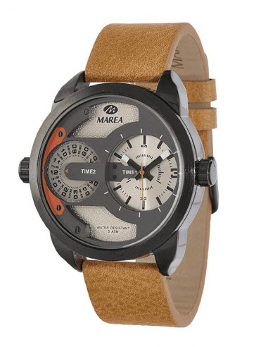 Reloj de hombre Marea B54097/4 dual time, 50mm, en acero inoxidable y correa de piel marrón.