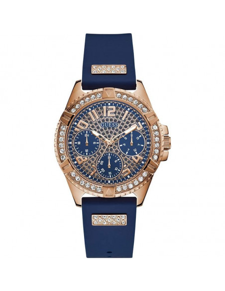 Reloj Guess W1160L3 Frontier de mujer, caja 34mm rosada con pavé de cristales Swarovski® y correa de silicona azul. WR50.