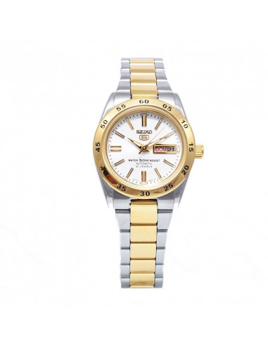 Reloj de mujer Seiko 5 Ladies SYMG42K1 automático plateado y dorado, con calendario, cristal Hardlex. WR50
