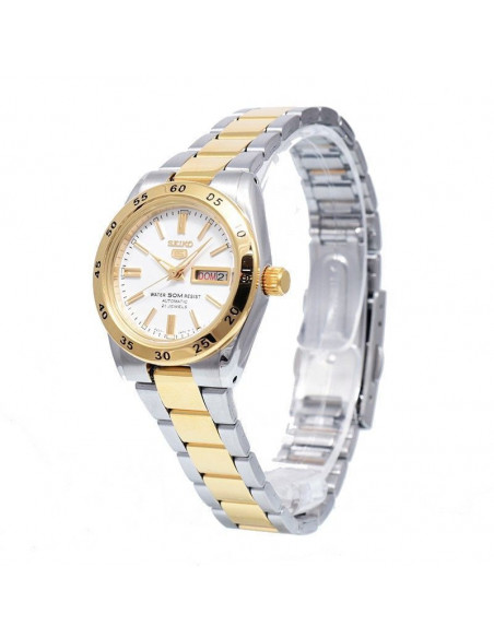 Reloj de mujer Seiko 5 Ladies SYMG42K1 automático plateado y dorado, con calendario, cristal Hardlex vista lateral