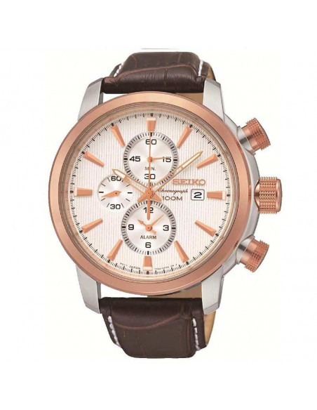 Reloj de hombre Seiko Neo Sports SNAF54P1, de cuarzo con dial blanco, cristal Hardlex y correa de piel marrón. ‎WR100